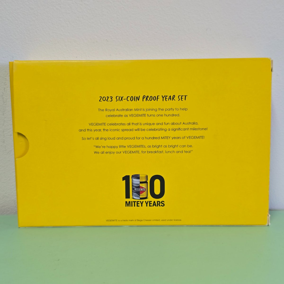 2023 100 Years of Happy Little Vegemites Six Coin Proof Set with coloured $1 coin back outer box
