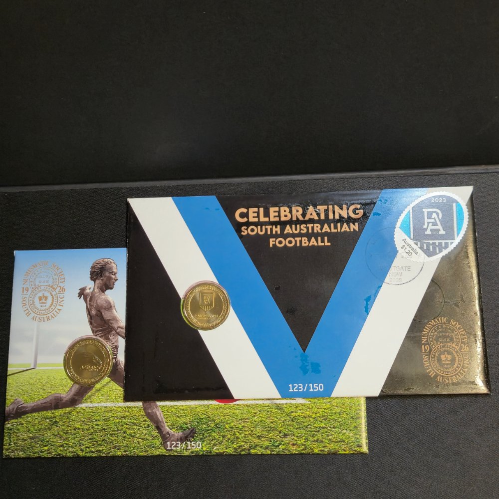2023 $1 Celebrating South Australian Football - Port Adelaide and Adelaide Crows PNC with Numismatic Society of South Australia Overprints pair