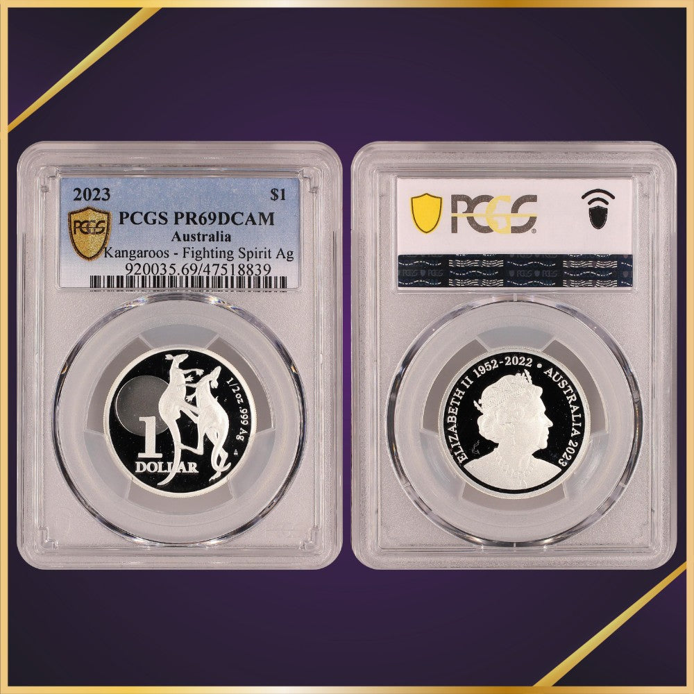 2023 $1 Kangaroos Fighting Spirit Ag Silver Coin professionally graded by PCGS as PR69DCAM both reverse and obverse of slab shown