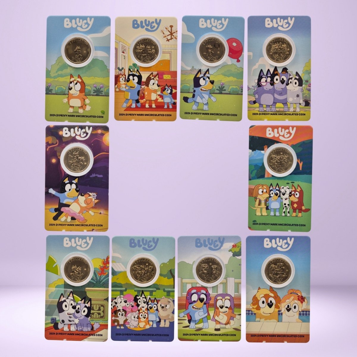 Set of ten 'Bluey' themed small collectible cards with $1 coins - cards feature different Bluey characters