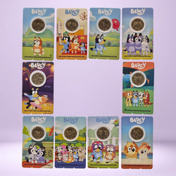 Set of ten 'Bluey' themed small collectible cards with $1 coins - cards feature different Bluey characters
