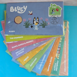 Ten 2024 $1 Bluey PNCs - various colours - Bluey - The Grannies - Bluey, Bingo & Friends - Uncle Rad & Frisky - Bingo - Mum & Dad - Bluey & Friends - Muffin & Socks - Bluey & her family - Uncle Stripe, Aunt Trixie & Nana