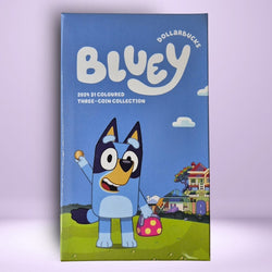 Bluey themed coin collection packaging with cartoon character on a blue background
