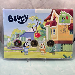 2024 $1 Bluey Impressions Limited Edition Three-Coin PNC with coloured, standard and privy mark $1 Bluey coins