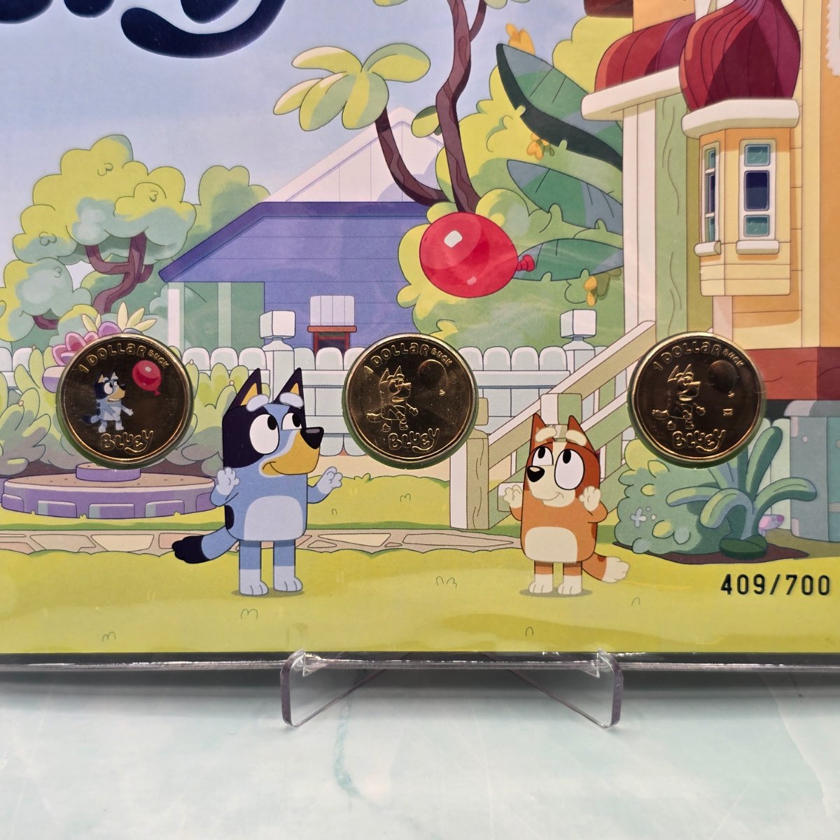 2024 $1 Bluey Impressions Limited Edition Three-Coin PNC with coloured, standard and privy mark $1 Bluey coins