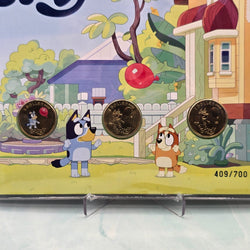 2024 $1 Bluey Impressions Limited Edition Three-Coin PNC with coloured, standard and privy mark $1 Bluey coins
