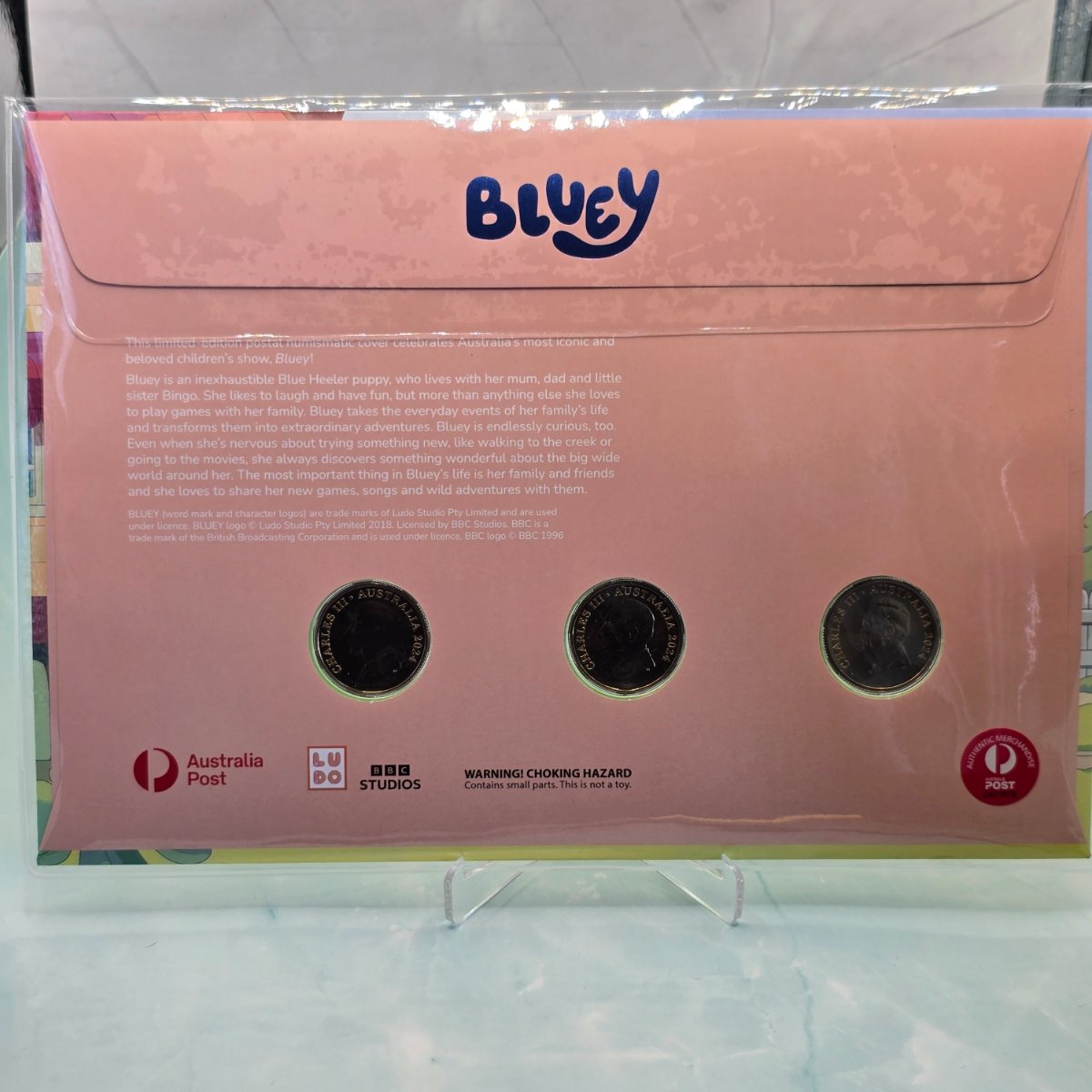 2024 $1 Bluey Impressions Limited Edition Three-Coin PNC with coloured, standard and privy mark $1 Bluey coins