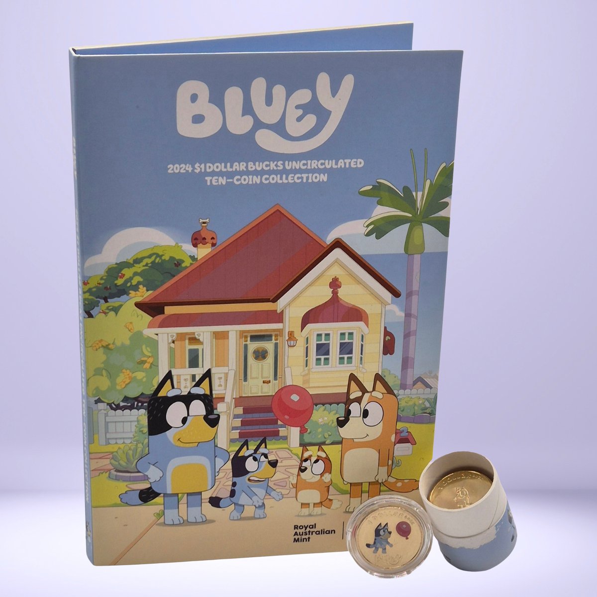 2024 $1 Bluey Dollar Bucks opened ten coin collection tube and front of folder with coloured coin