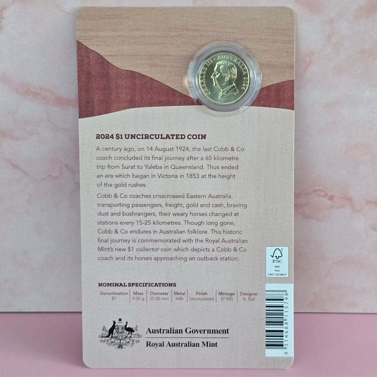 2024 $1 Cobb & Co. coin on a large Royal Australian Mint card with text and branding