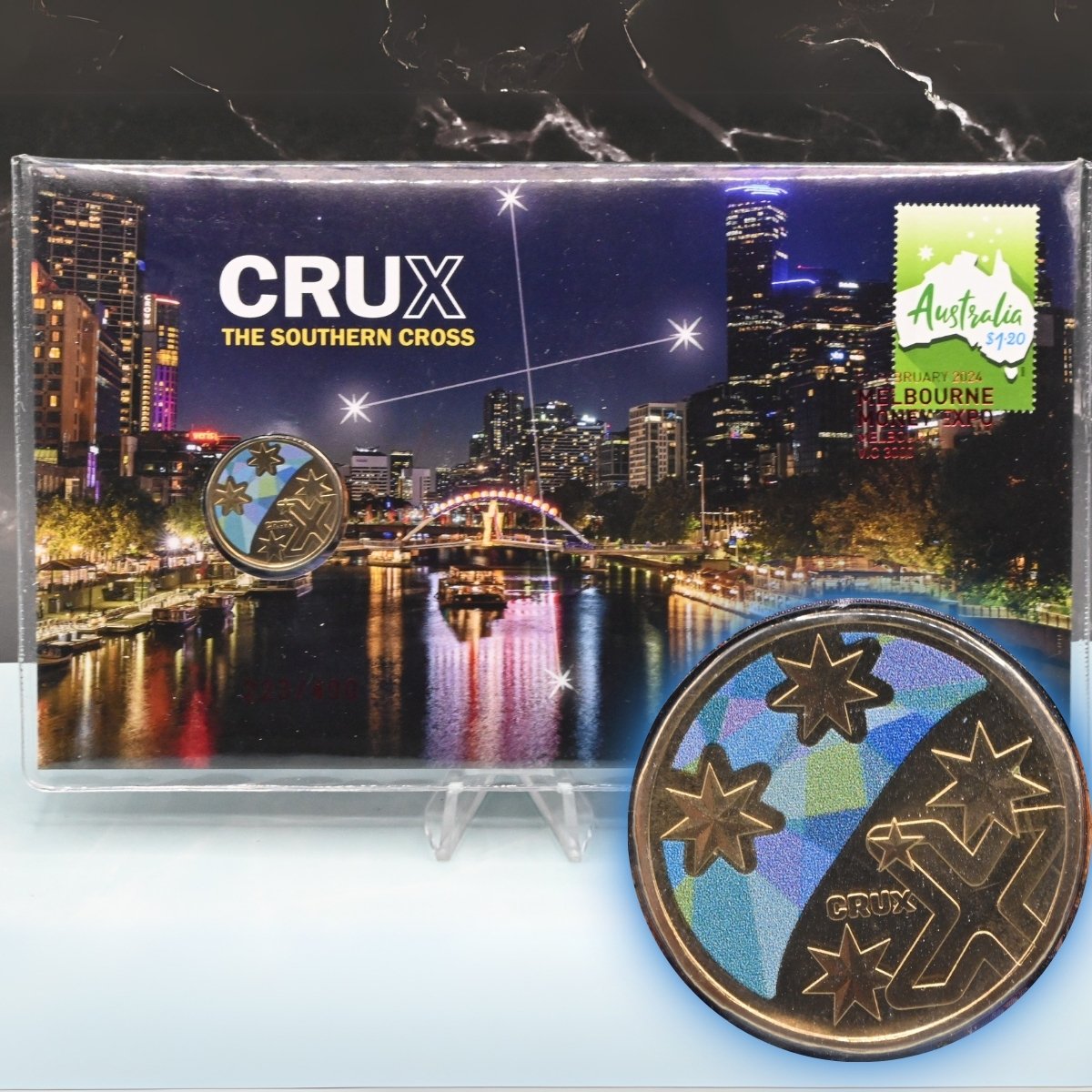 2024 $1 Crux The Southern Cross ANDA Melbourne Overprint Day 2 PNC with coloured coin reverse and enlarged image of coin