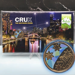 2024 $1 Crux The Southern Cross ANDA Melbourne Overprint Day 2 PNC with coloured coin reverse and enlarged image of coin