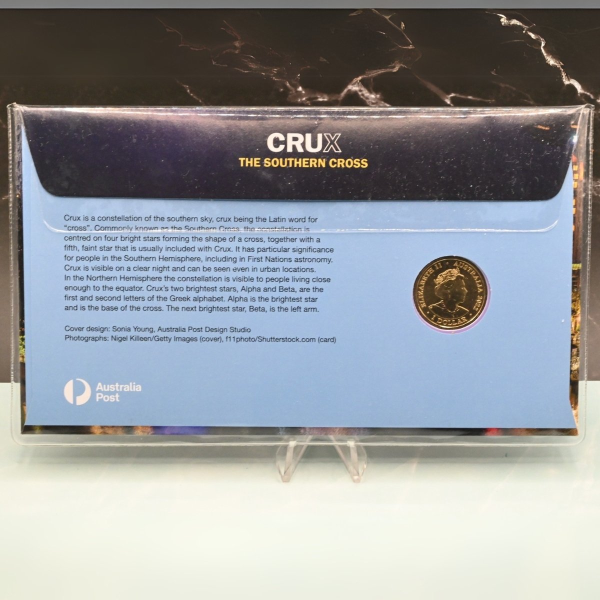 2024 $1 Crux The Southern Cross ANDA Melbourne Overprint Day 2 PNC back - includes text and obverse of coin with Queen Elizabeth II effigy