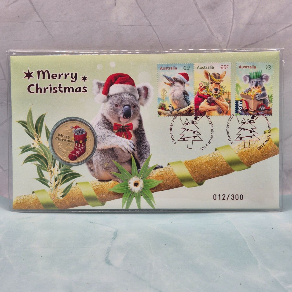 2024 $1 Perth Mint Merry Christmas Impressions PNC with red foiled postmark and number, issue limit 300 front