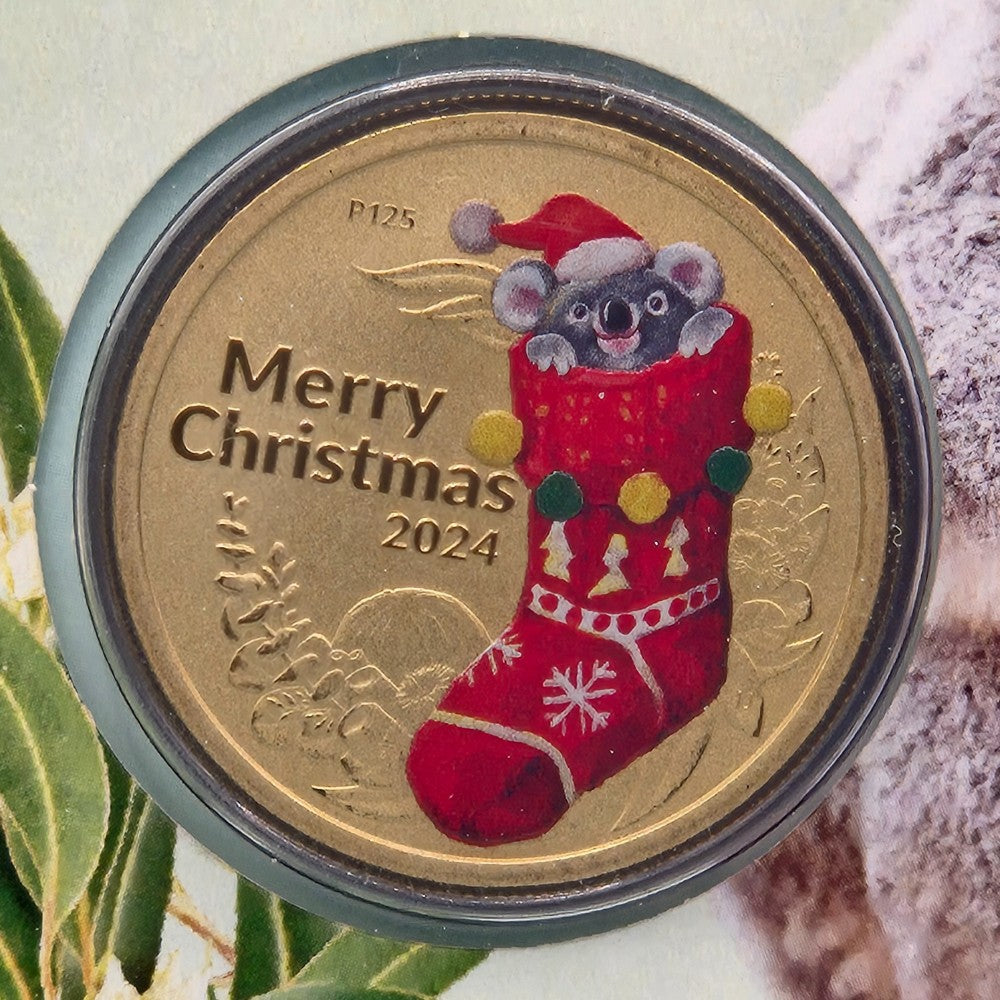 2024 $1 Perth Mint Merry Christmas Impressions PNC with red foiled postmark and number, issue limit 300 coin reverse