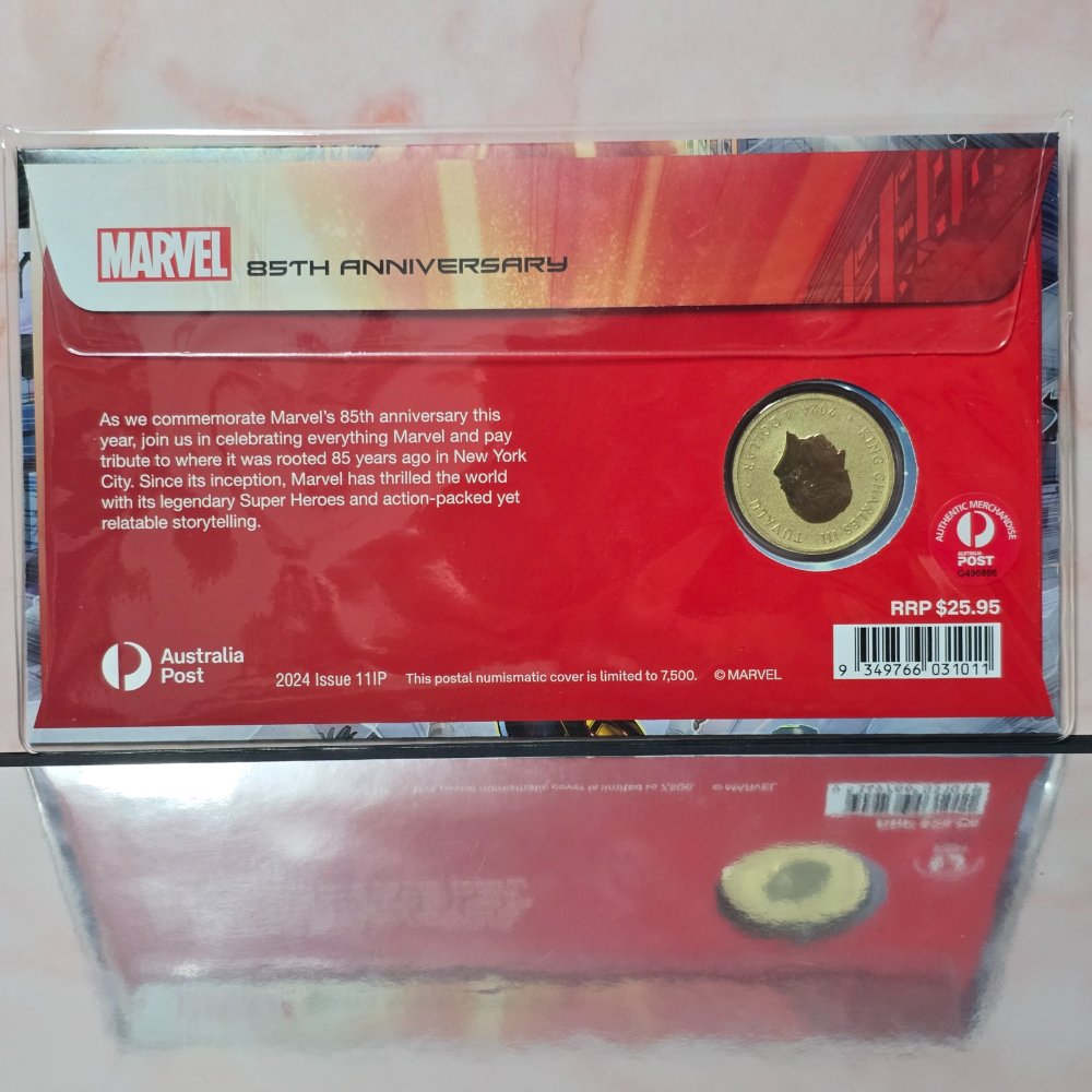 2024 $1 Perth Mint Marvel 85th Anniversary PNC with coloured Tuvalu Legal Tender $1 coin back of PNC