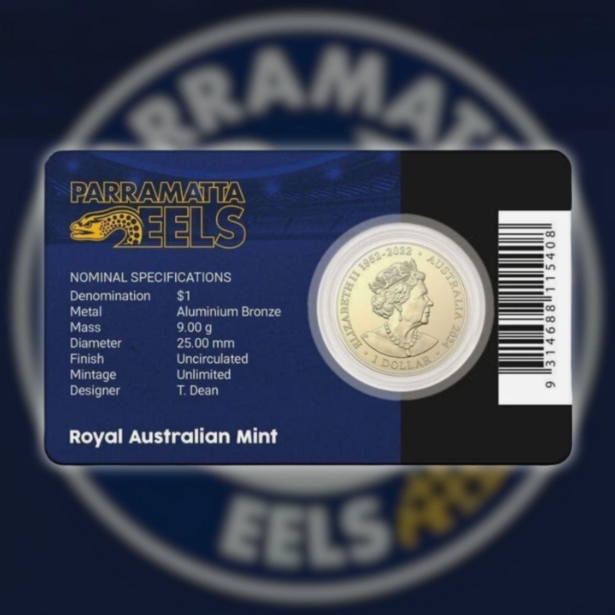 2024 $1 National Rugby League Team Carded Coin - Parramatta Eels.