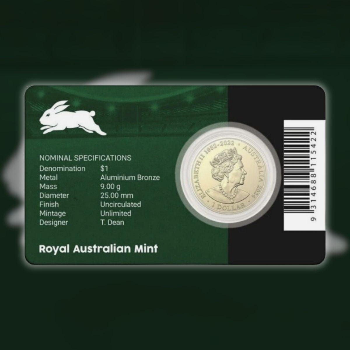 2024 $1 National Rugby League Team Carded Coin - South Sydney Rabbitohs.