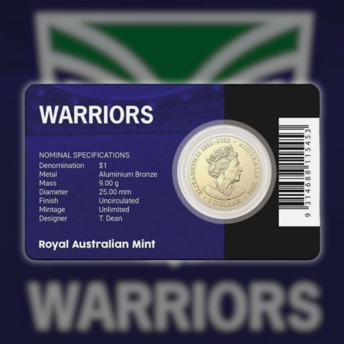 2024 $1 National Rugby League Team Carded Coin - New Zealand Warriors.