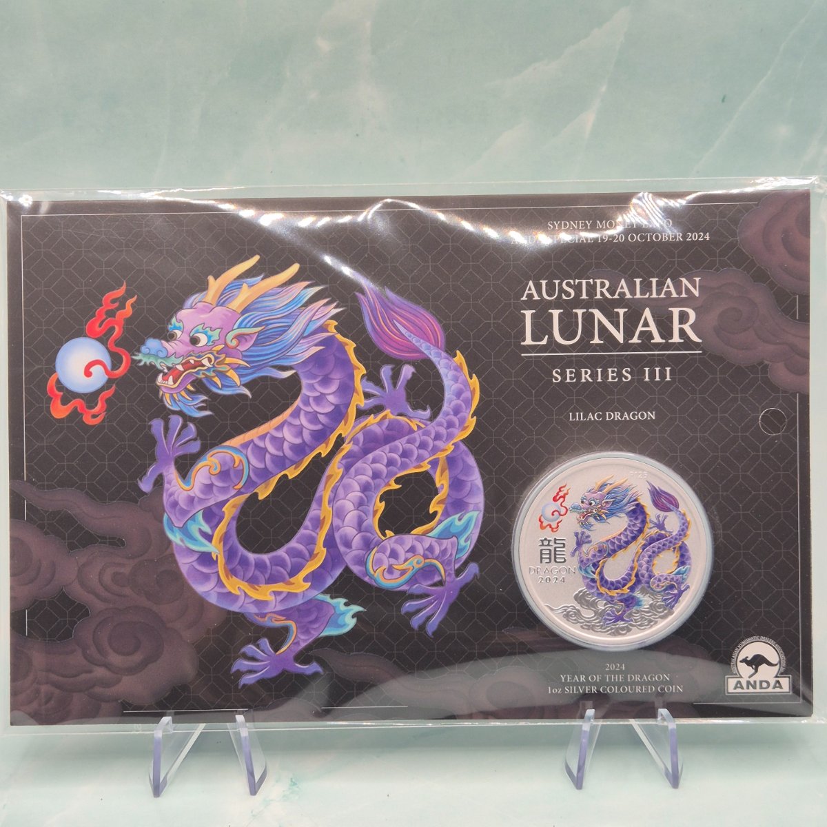 2024 1oz Perth Mint Sydney ANDA Lunar Series III Lilac Dragon front of card
