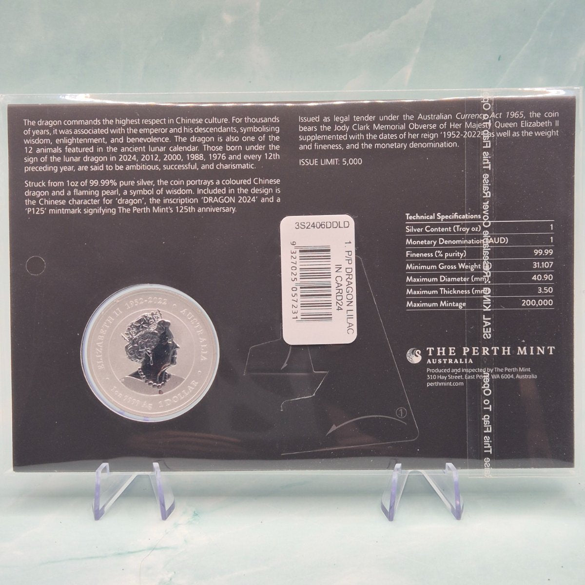 2024 1oz Perth Mint Sydney ANDA Lunar Series III Lilac Dragon back of card with detailed specifications