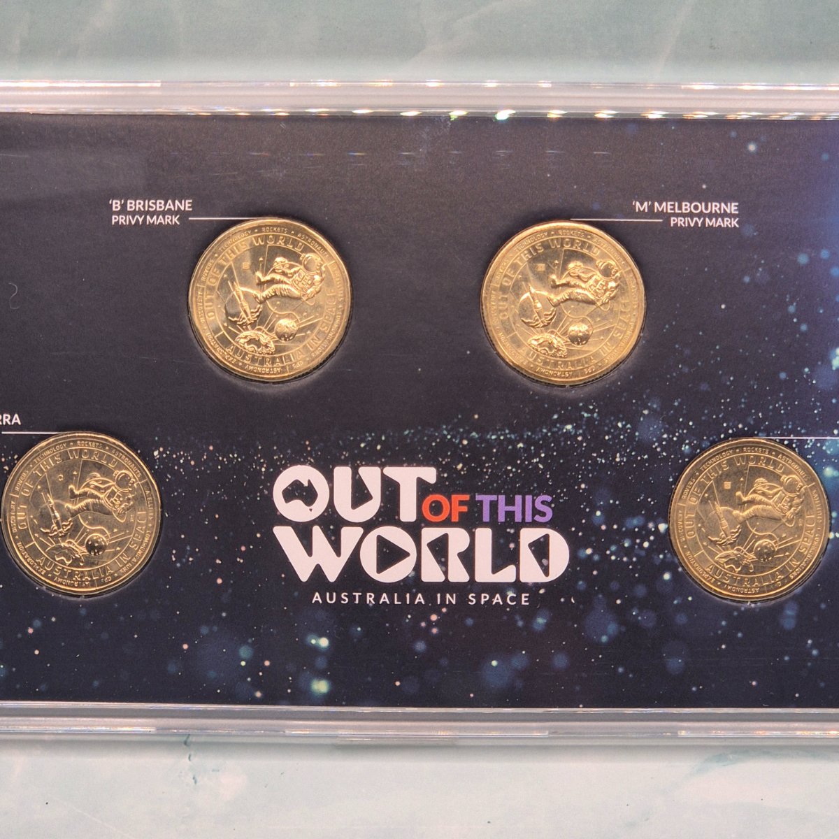 2024 $1 Privy Mark and Mintmark 4x coin set in plastic packaging - Out of this World Australia in Space text