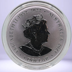 2024 $1 silver bullion coin with profile of Queen Elizabeth II and text 'Elizabeth II 1952-2022 Australia 2024' - obverse - in capsule