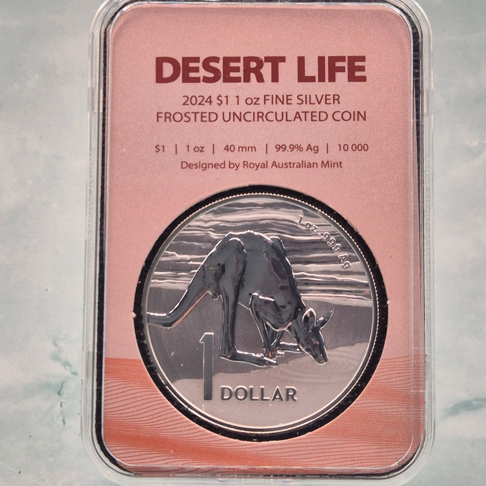 2024 1oz Desert Life Silver Frosted uncirculated coin in protective holder reverse of coin shown