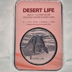 2024 1oz Desert Life Silver Frosted uncirculated coin in protective holder reverse of coin shown