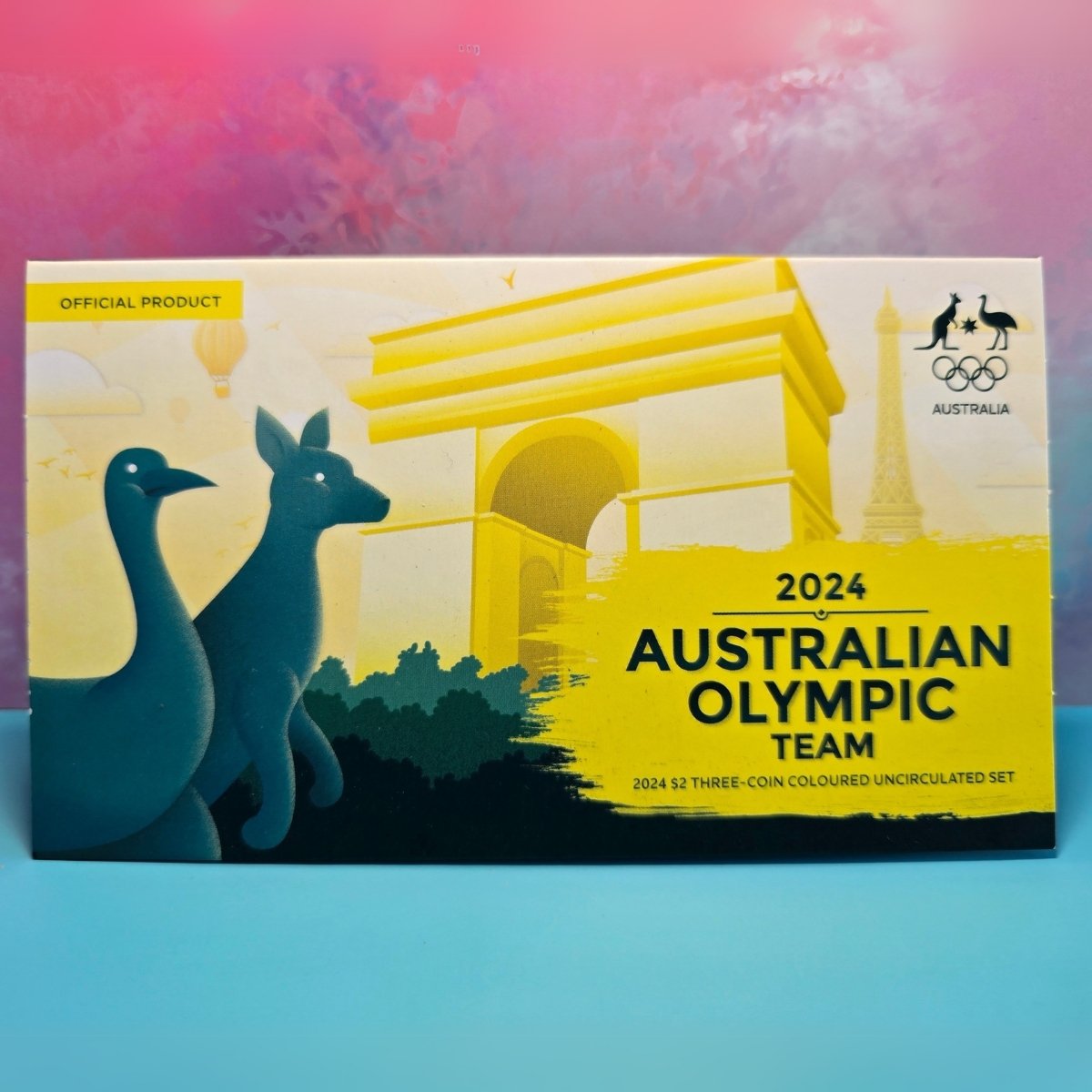 Australian Olympic Team 2024 $2 three coin set packaging with kangaroo and emu design on a colorful background