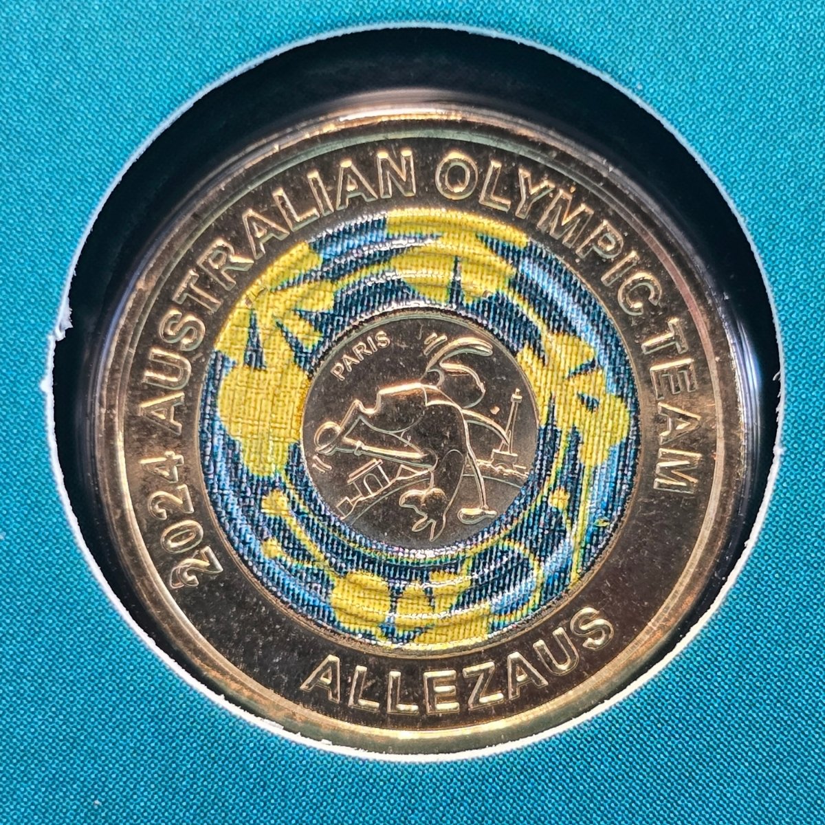 2024 $2 coin with 'Australian Olympic Team' and 'Allezaus' text - colour surrounds an image of a break-dancing kangaroo - reverse of coin