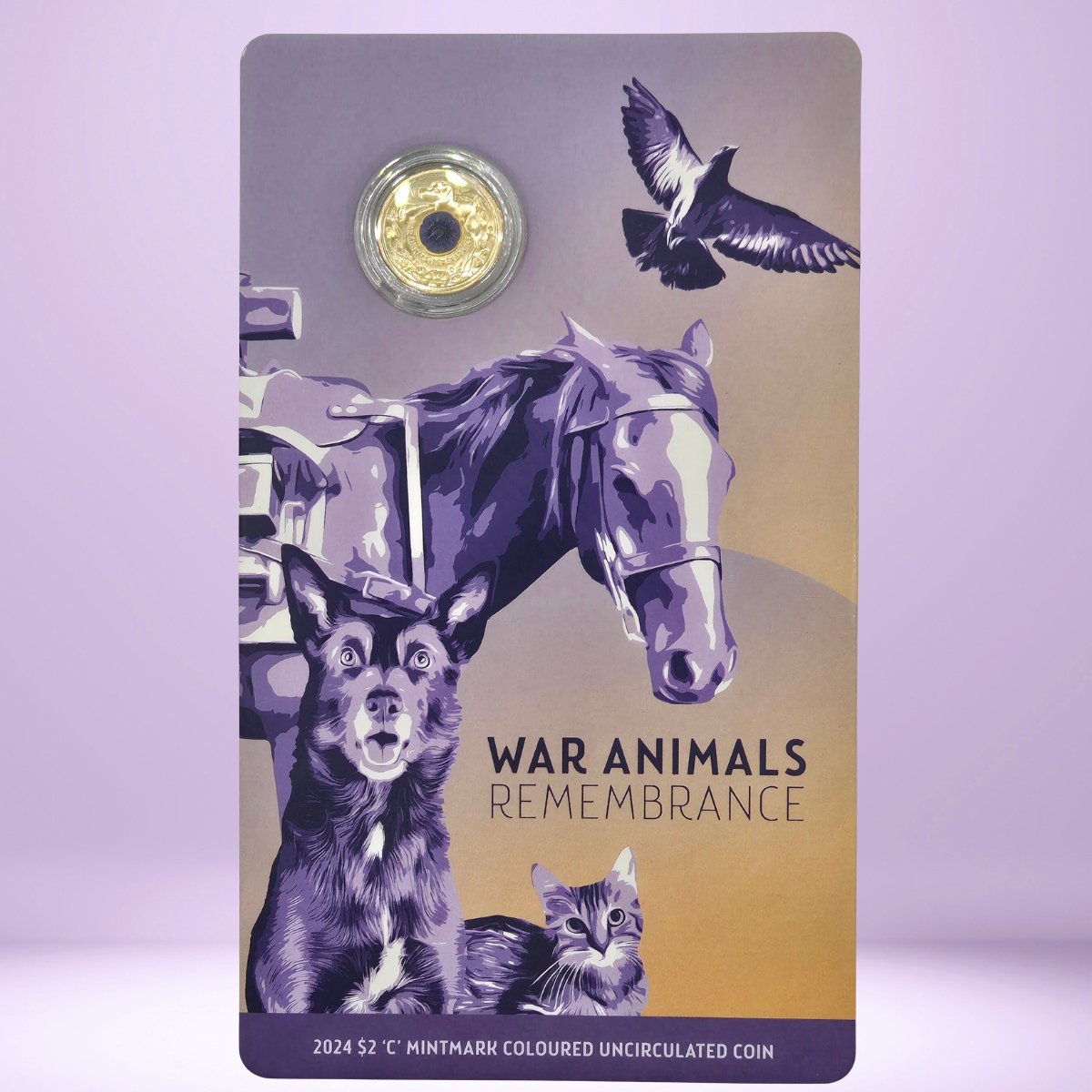 2024 $2 Coin with horse, dog, and cat illustration on a purple card with 'War Animals Remembrance' text - reverse side
