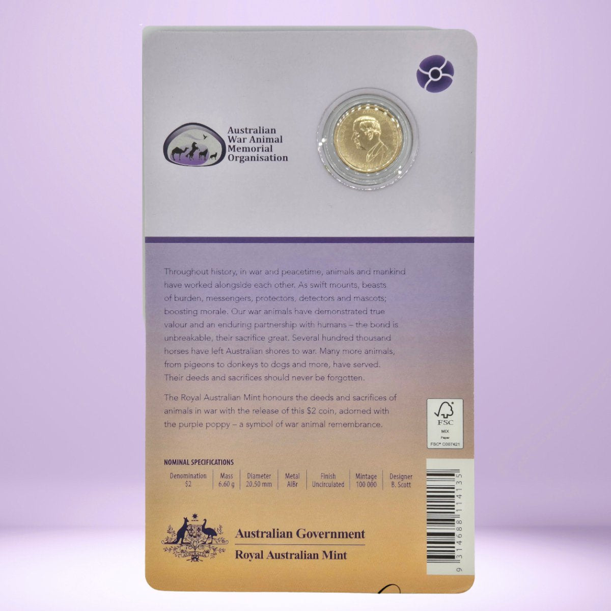 2024 $2 coin obverse on card with packaging featuring the Australian War Animal Memorial Organisation on a purple background