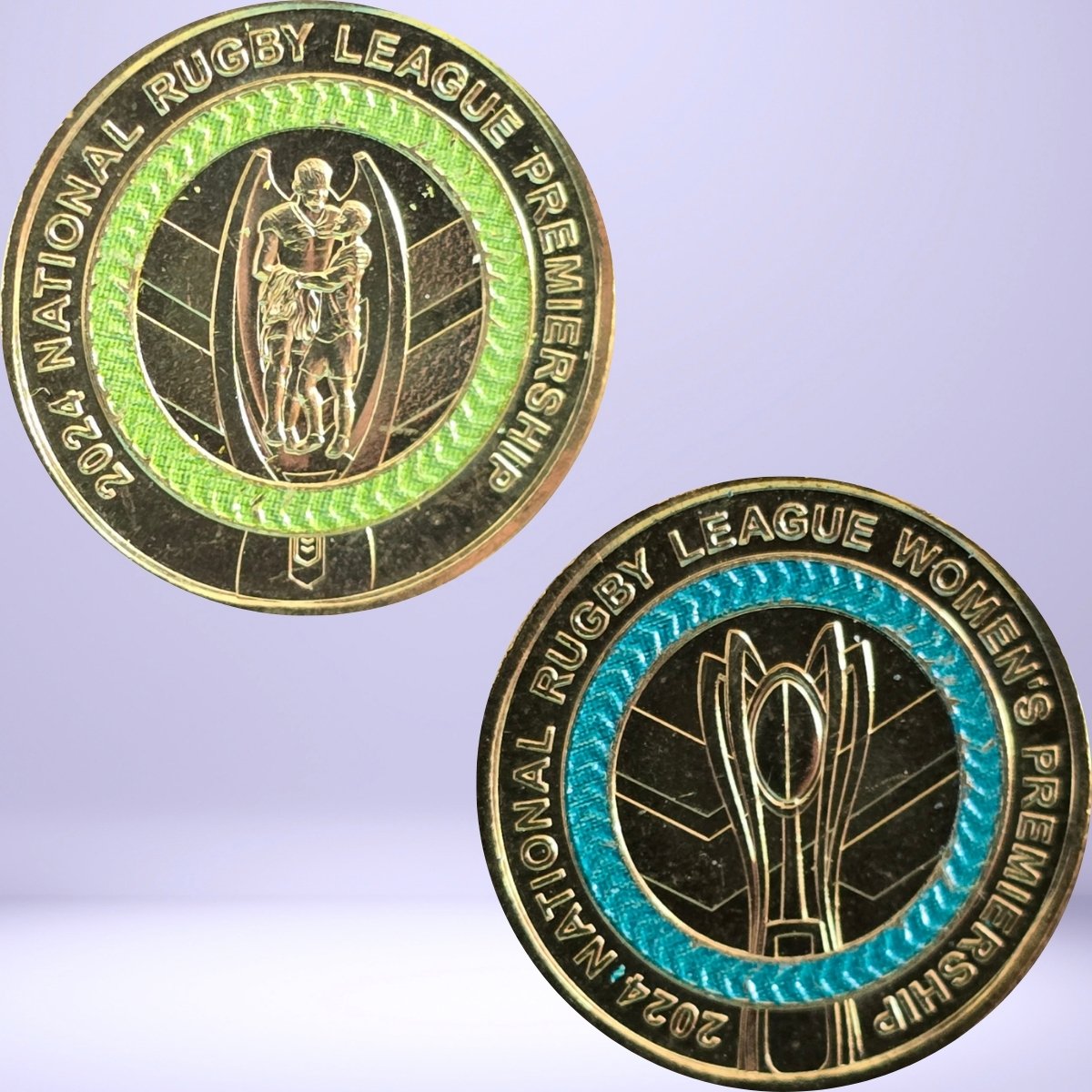 Close up reverse of both Men's and Women's 2024 $2 coloured National Rugby League Premiership coins