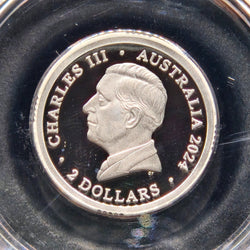 Obverse 2024 $2 Silver 'C' Mintmark War Animals Remembrance coin with portrait of King Charles III.