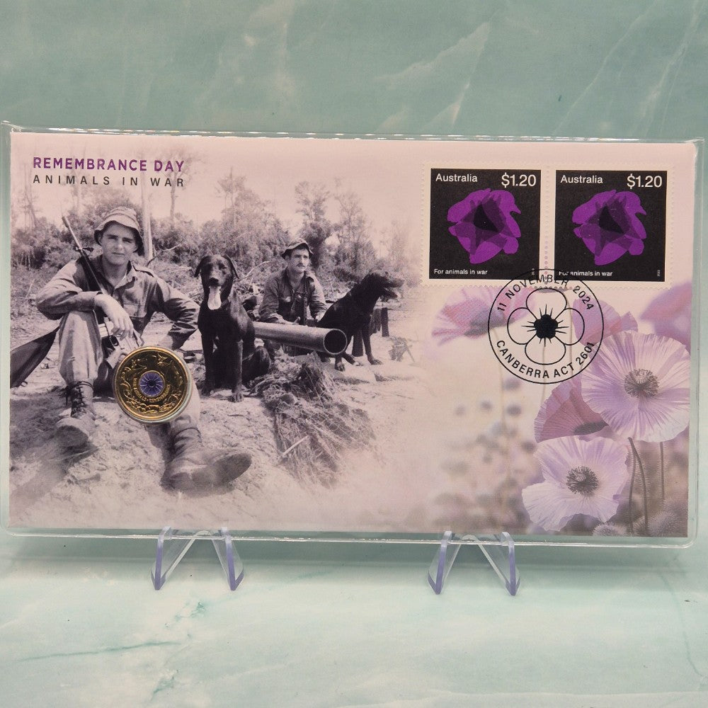 2024 $2 War Animals Remembrance PNC featuring two $1.20 Australian Postage stamps with Purple Poppies and a coloured uncirculated $2 Purple Poppy coin with Dove, Cat, Dog and Horse front cover