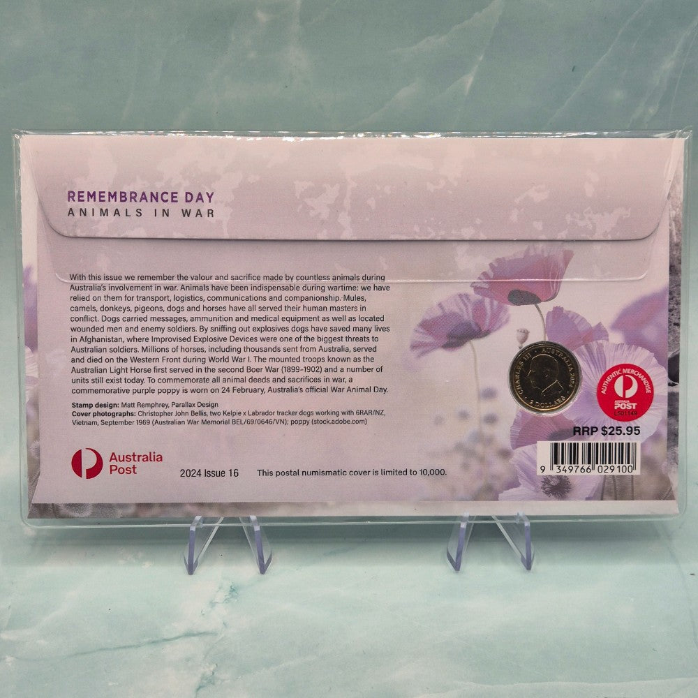 2024 $2 War Animals Remembrance PNC featuring two $1.20 Australian Postage stamps with Purple Poppies and a coloured uncirculated $2 Purple Poppy coin with Dove, Cat, Dog and Horse back of PNC