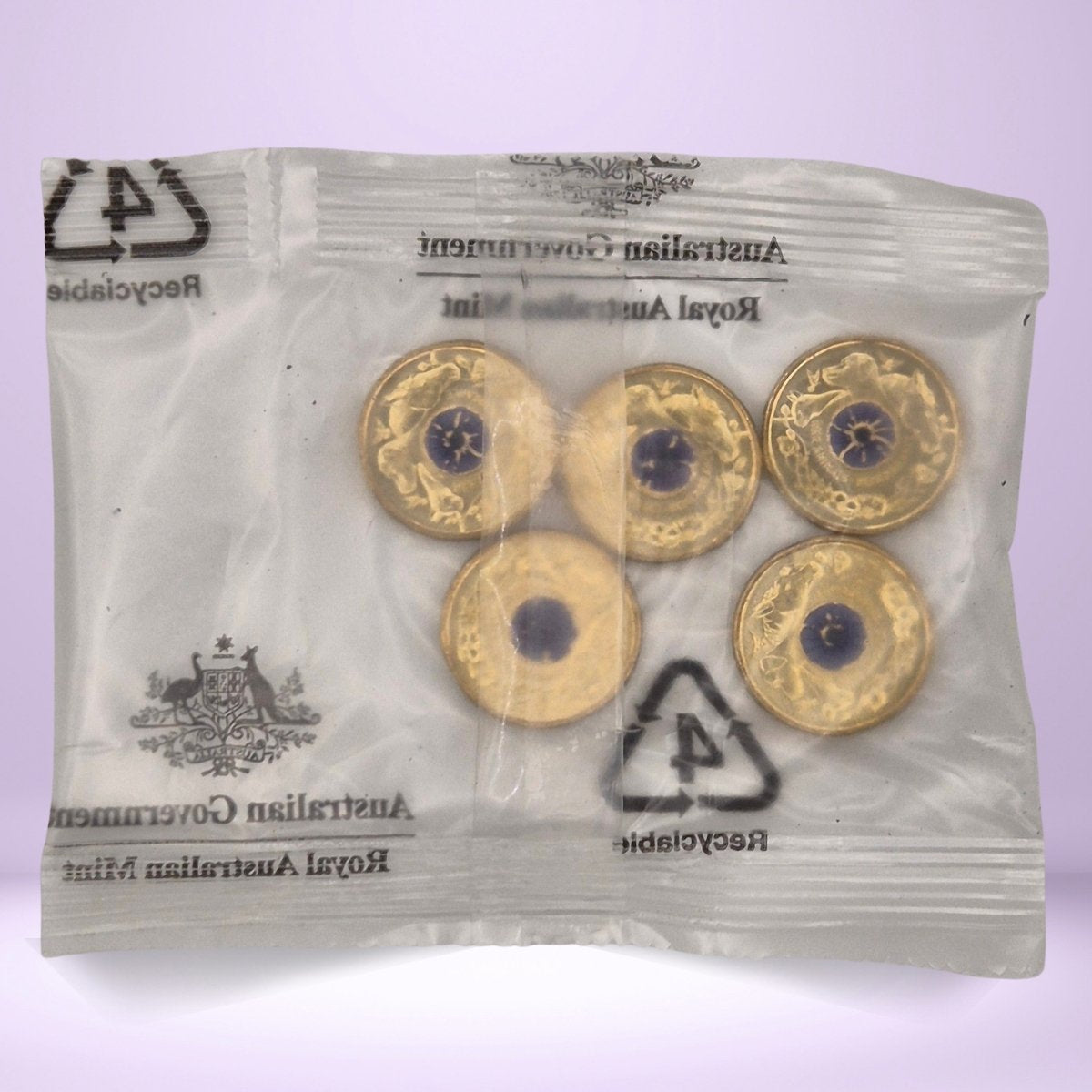 Reverse side of 2024 $2 War Animals Remembrance coins in sealed 5 coin Royal Australian Mint bag