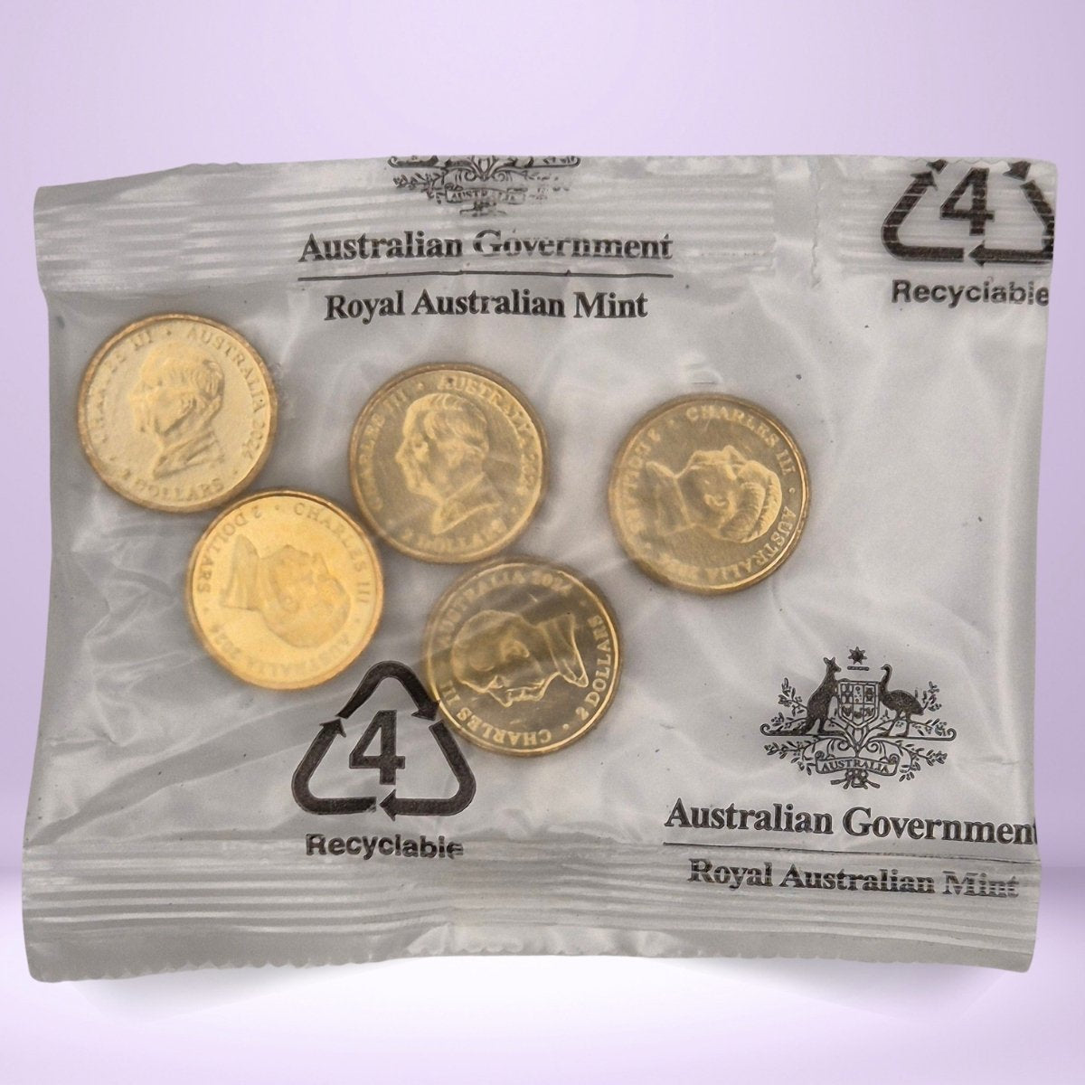 Obverse side of 2024 $2 War Animals Remembrance coins in sealed 5 coin Royal Australian Mint bag