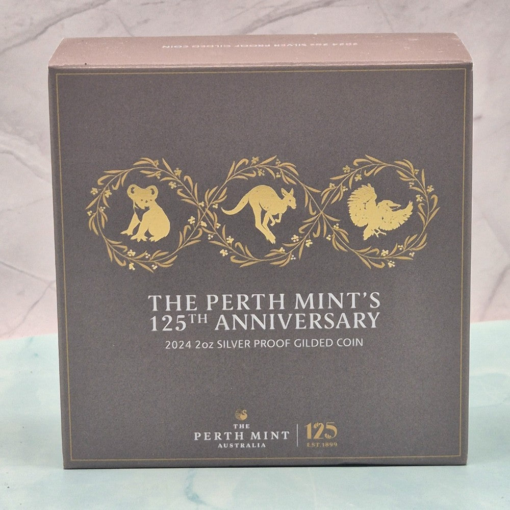 Box for The Perth Mint's 125th Anniversary 2024 2oz Silver Proof Gilded Coin