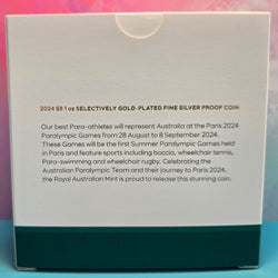 Silver proof coin packaging with text about the 2024 Paralympic Games in Paris.