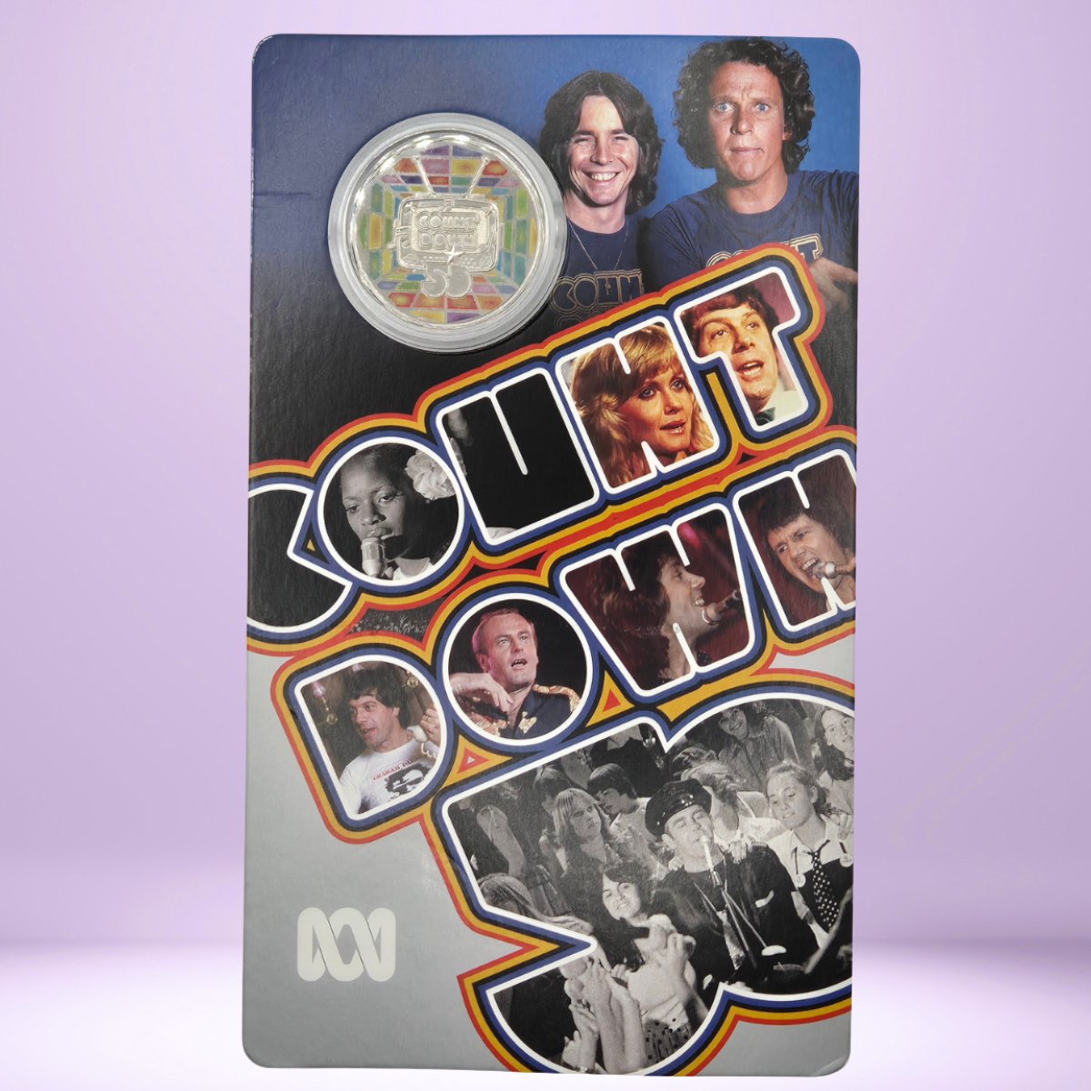 2024 Fifty Cent 50c coloured coin with 'Countdown' TV show portraits on card