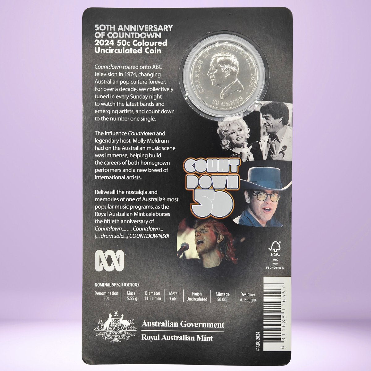 Packaging of a 50th Anniversary of Countdown coin with images and text on a purple background