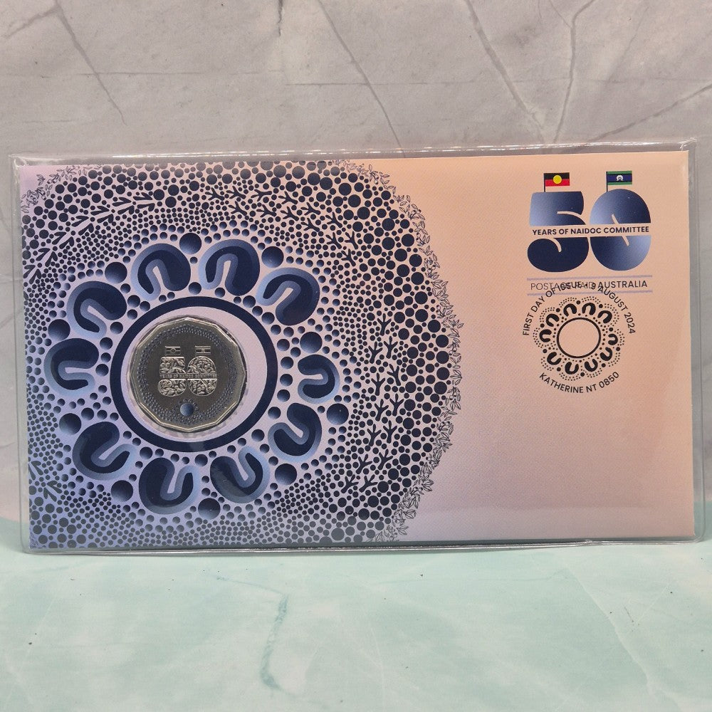 2024 50c 50th Anniversary of the National Aboriginal and Islander Day Observance Committee (NAIDOC) PNC by Australia Post and the Royal Australian Mint front