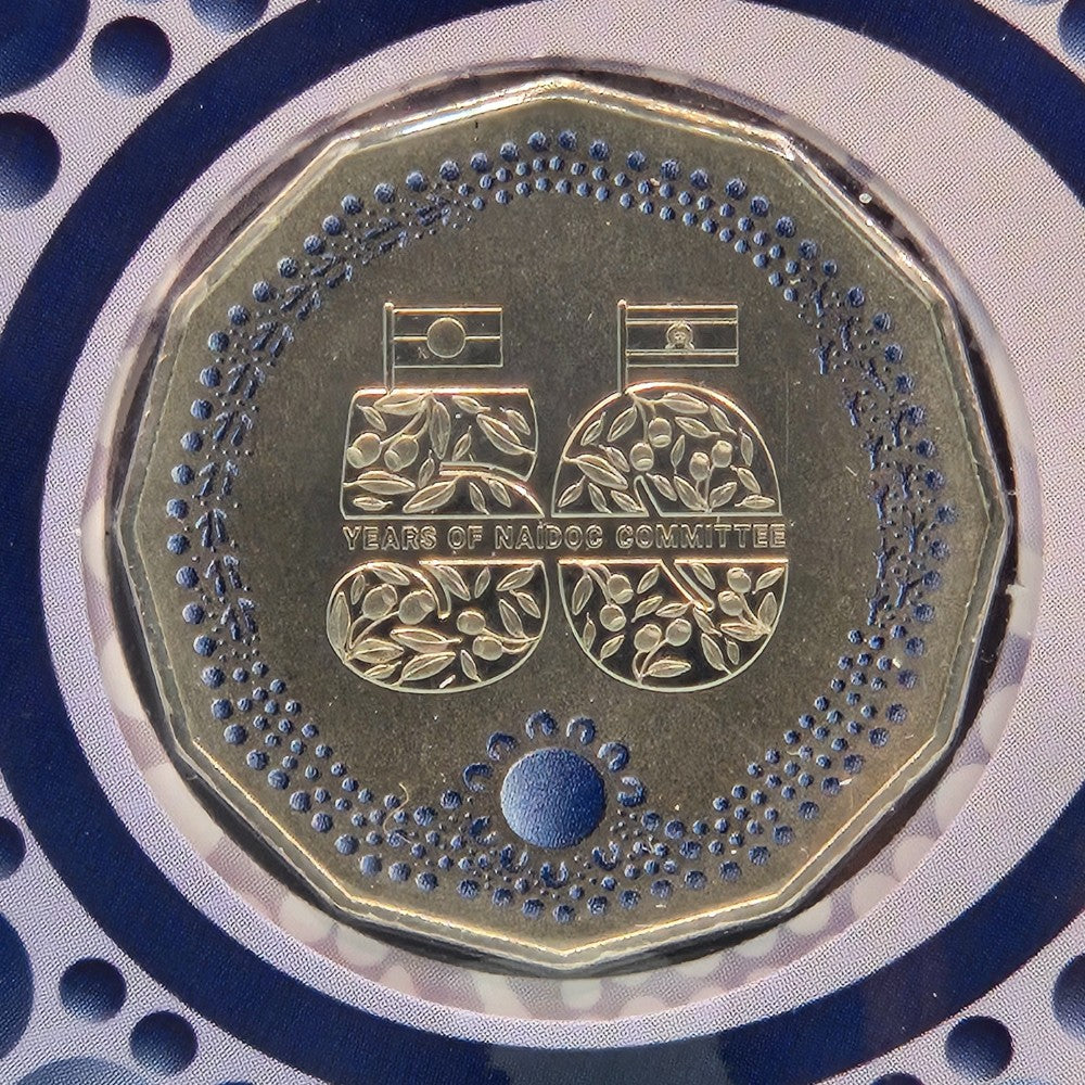 2024 50c 50th Anniversary of the National Aboriginal and Islander Day Observance Committee (NAIDOC) PNC by Australia Post and the Royal Australian Mint coloured reverse of coin
