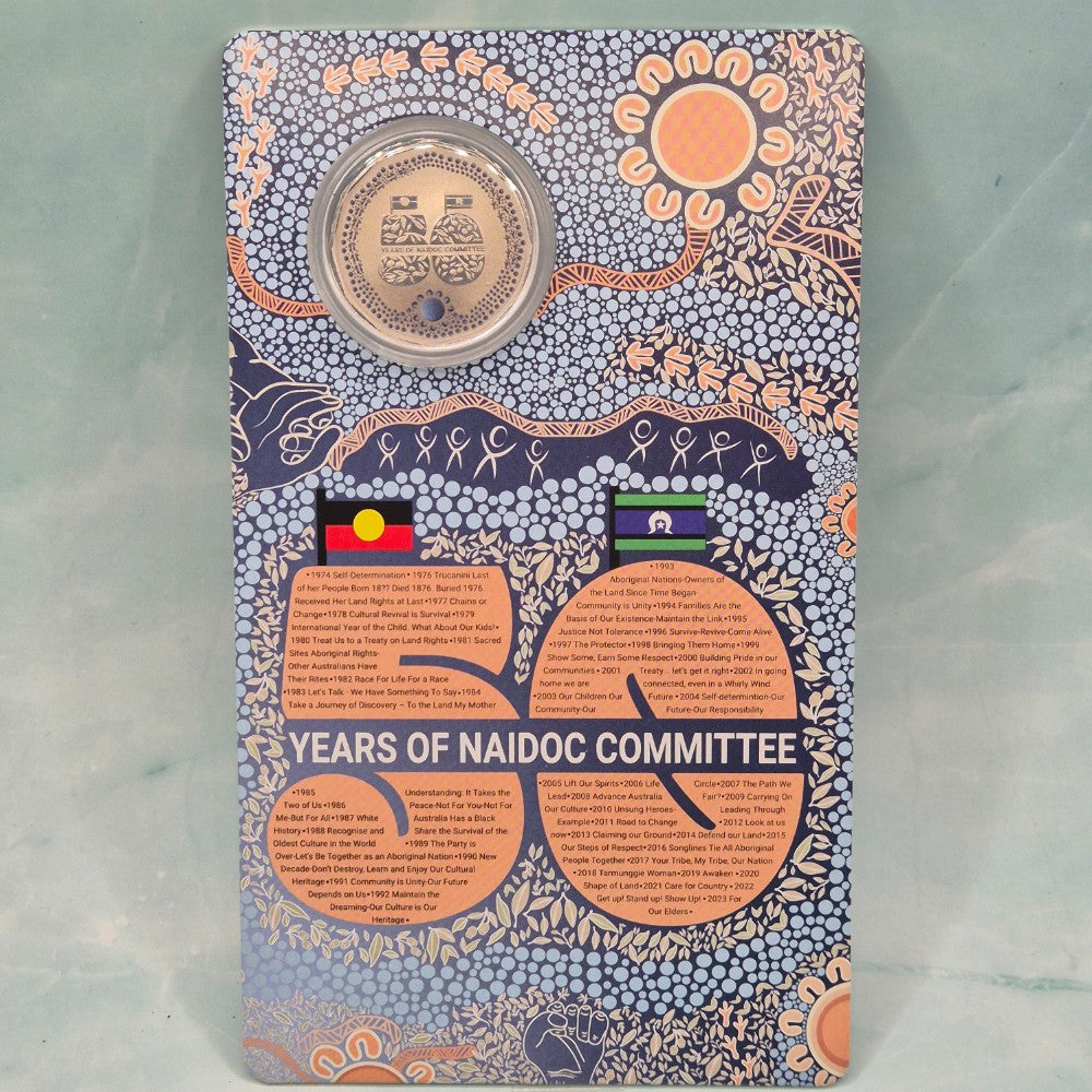 2024 50c National Aboriginal and Islander's Day Observance Committee (NAIDOC) 50th Anniversary Carded coin with coloured uncirculated frosted coin front of card
