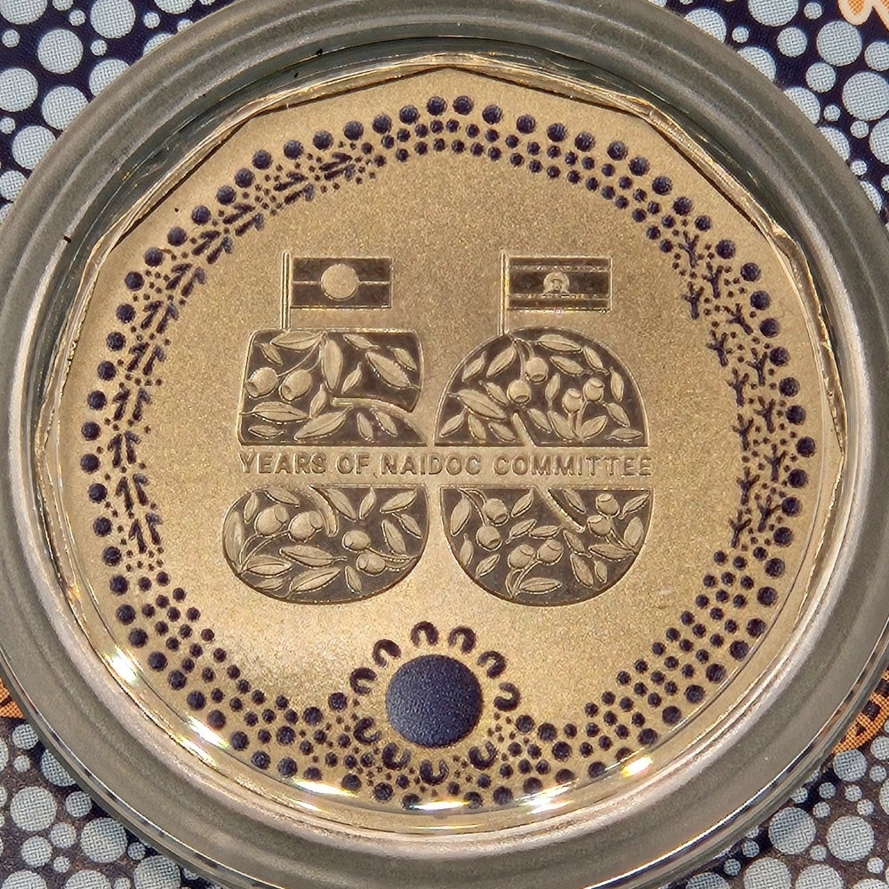 2024 50c National Aboriginal and Islander's Day Observance Committee (NAIDOC) 50th Anniversary Carded coin with coloured uncirculated frosted coin, reverse of coin shown