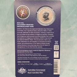 2024 50c National Aboriginal and Islander's Day Observance Committee (NAIDOC) 50th Anniversary Carded coin with coloured uncirculated frosted coin back of card