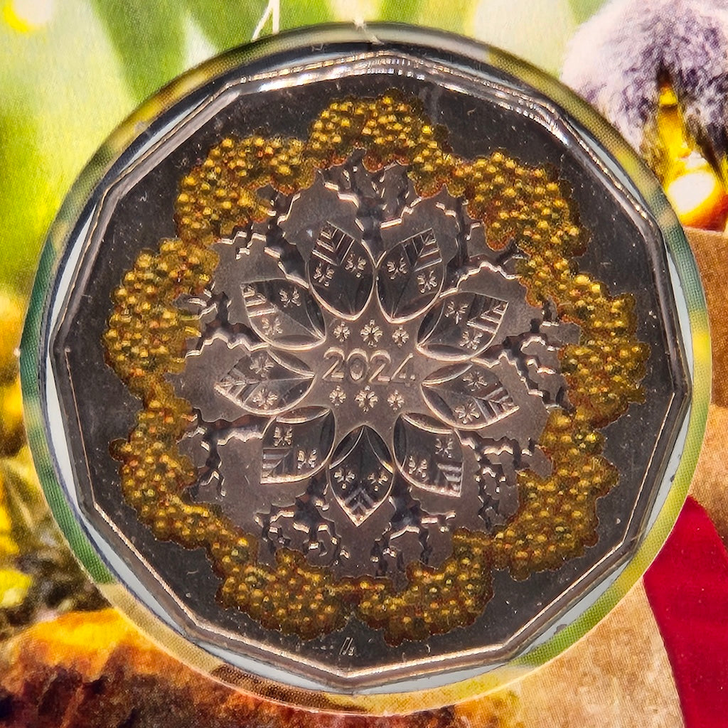 2024 50c Impressions PNC - Merry Christmas - reverse of coloured coin - snowflake and wattle reminiscent design