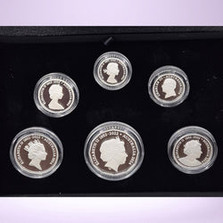 Set of Australian 2024 silver coins with five Queen Elizabeth II portraits and one King Charles III portrait - obverse of coins