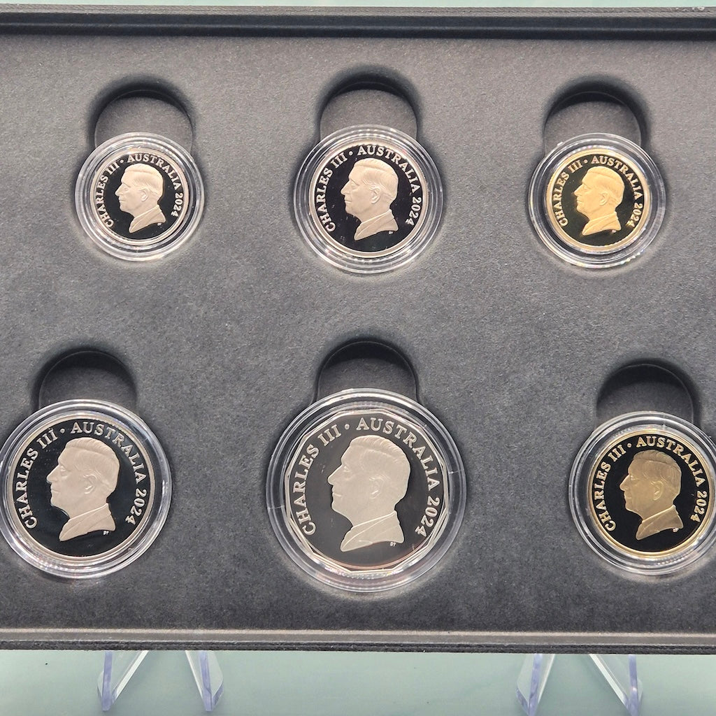 2024 His Majesty King Charles III Six Coin Proof Set Obverse of Coins with Dan Thorne's Effigy of KCIII
